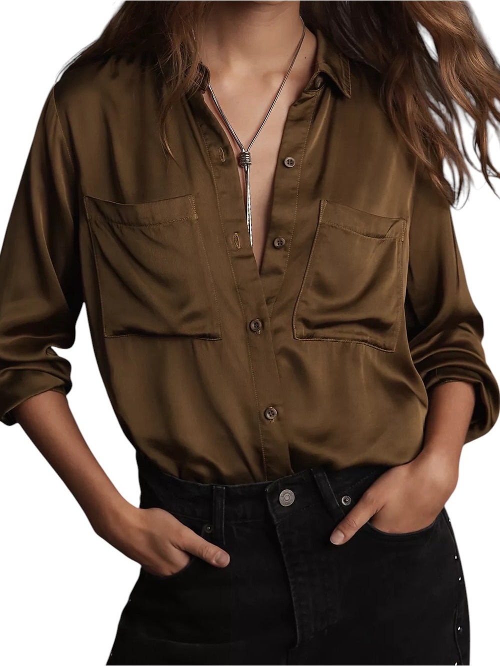 Anthropologie cloth & stone Olive Brown Shine Button-Down Shirt Oversized Size S